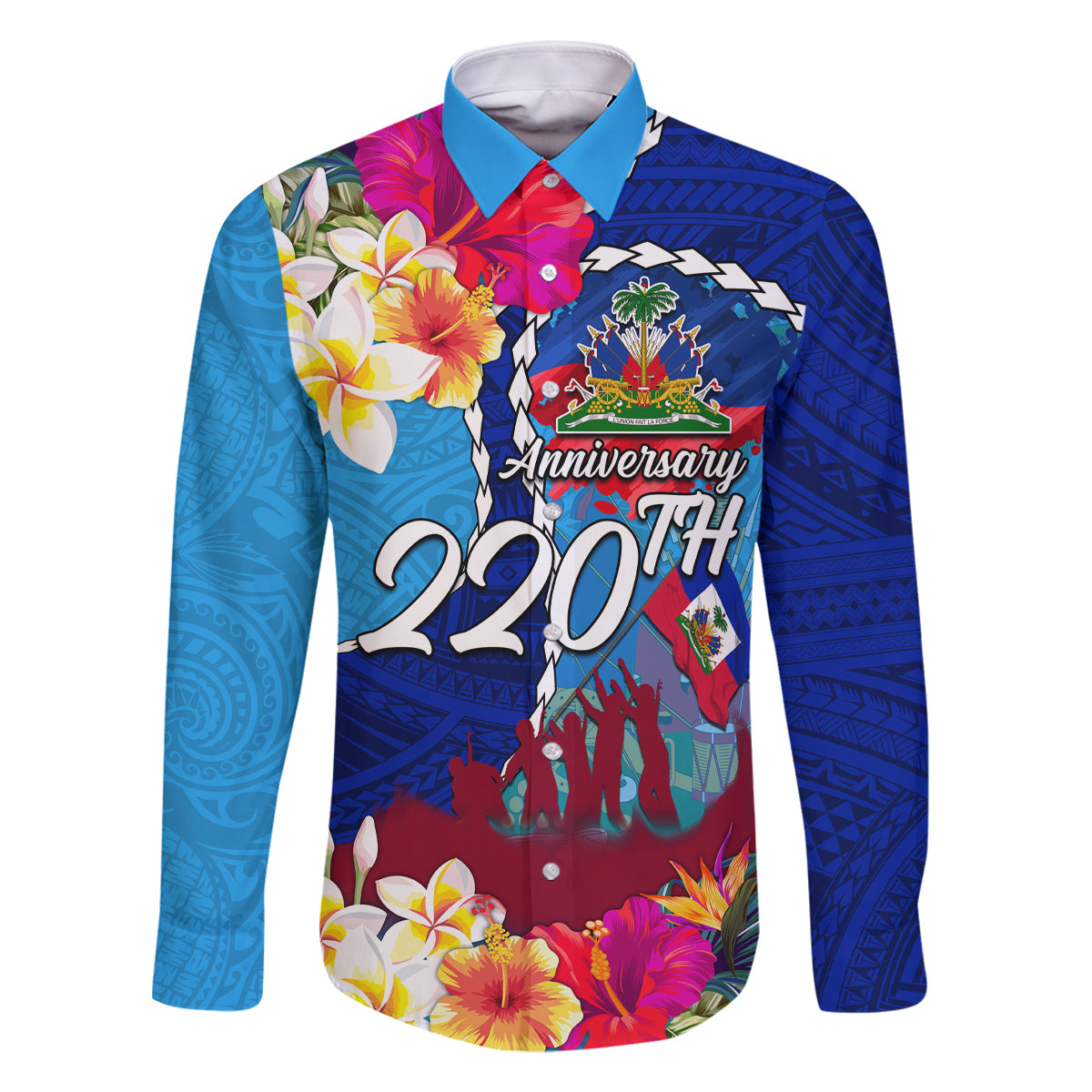 Personalised Haiti 220th Anniversary Independence Day Family Matching Long Sleeve Bodycon Dress and Hawaiian Shirt Ayiti Flower with Polynesian Pattern LT03 Dad's Shirt - Long Sleeve Blue - Polynesian Pride