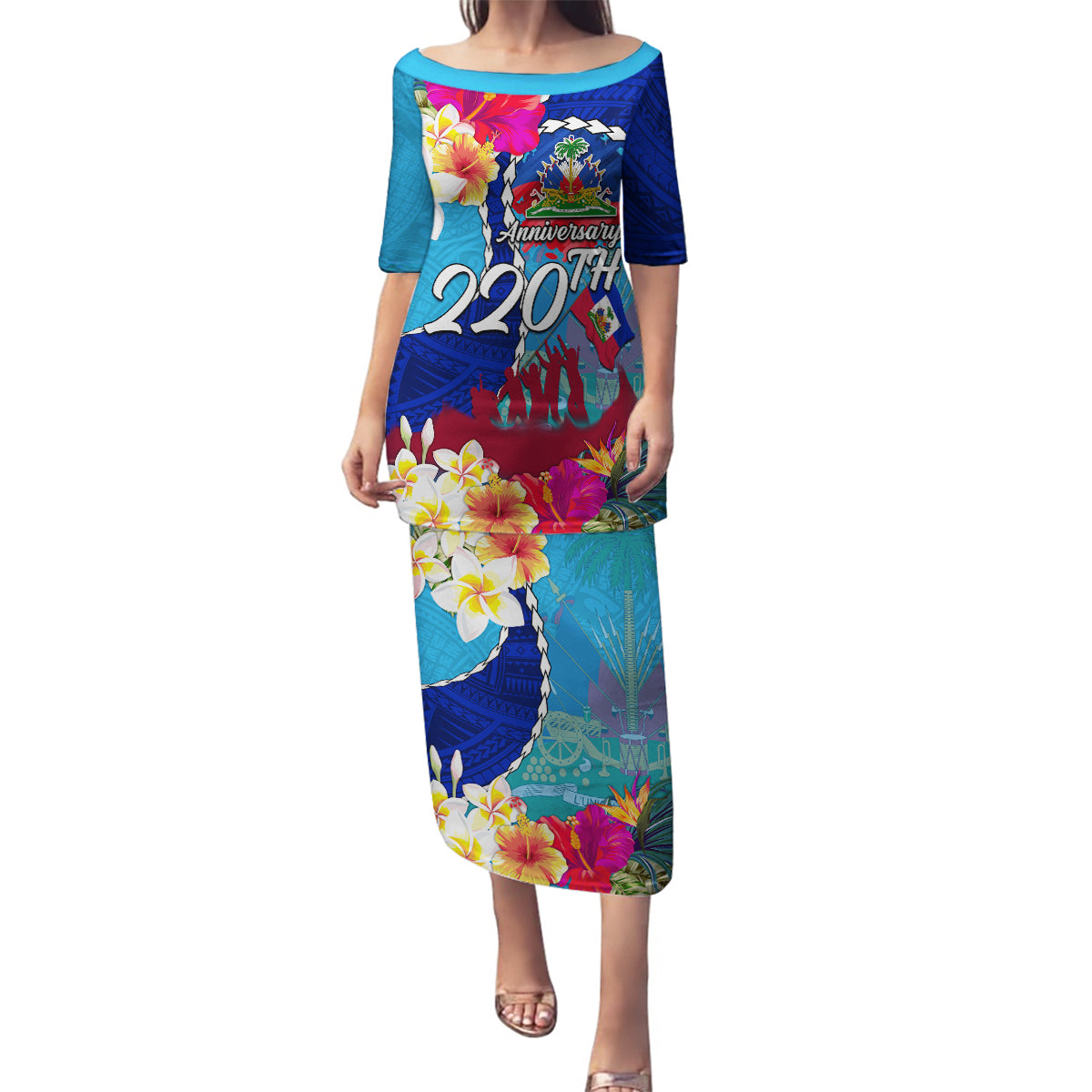 Personalised Haiti 220th Anniversary Independence Day Family Matching Puletasi Dress and Hawaiian Shirt Ayiti Flower with Polynesian Pattern LT03 Mom's Dress Blue - Polynesian Pride