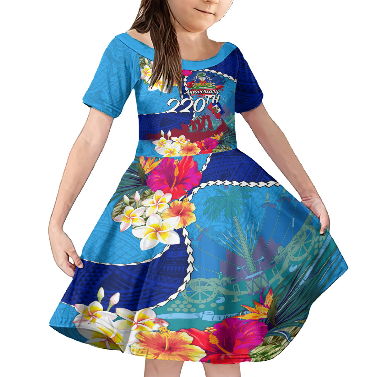 Personalised Haiti 220th Anniversary Independence Day Family Matching Tank Maxi Dress and Hawaiian Shirt Ayiti Flower with Polynesian Pattern LT03 Daughter's Dress Blue - Polynesian Pride