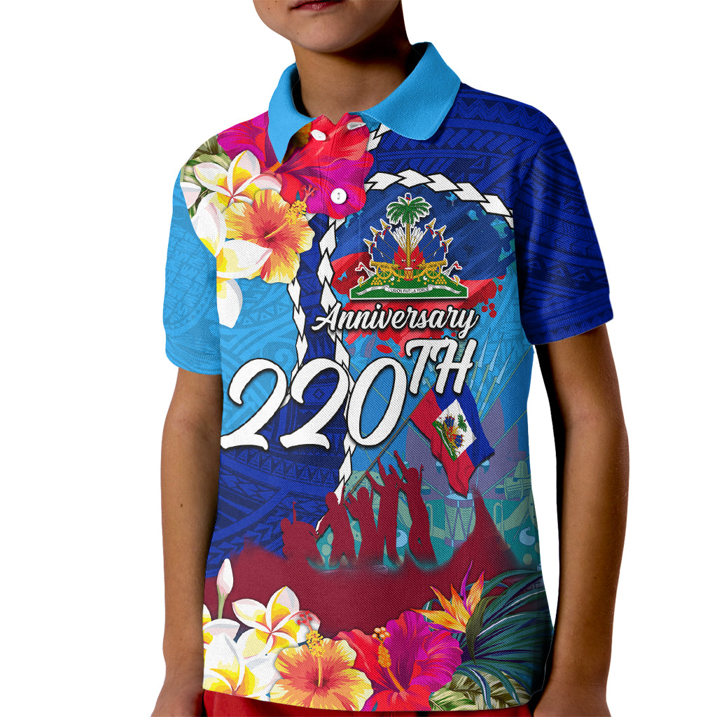 Personalised Haiti 220th Anniversary Independence Day Kid Polo Shirt Ayiti Flower with Polynesian Pattern LT03 Kid Blue - Polynesian Pride