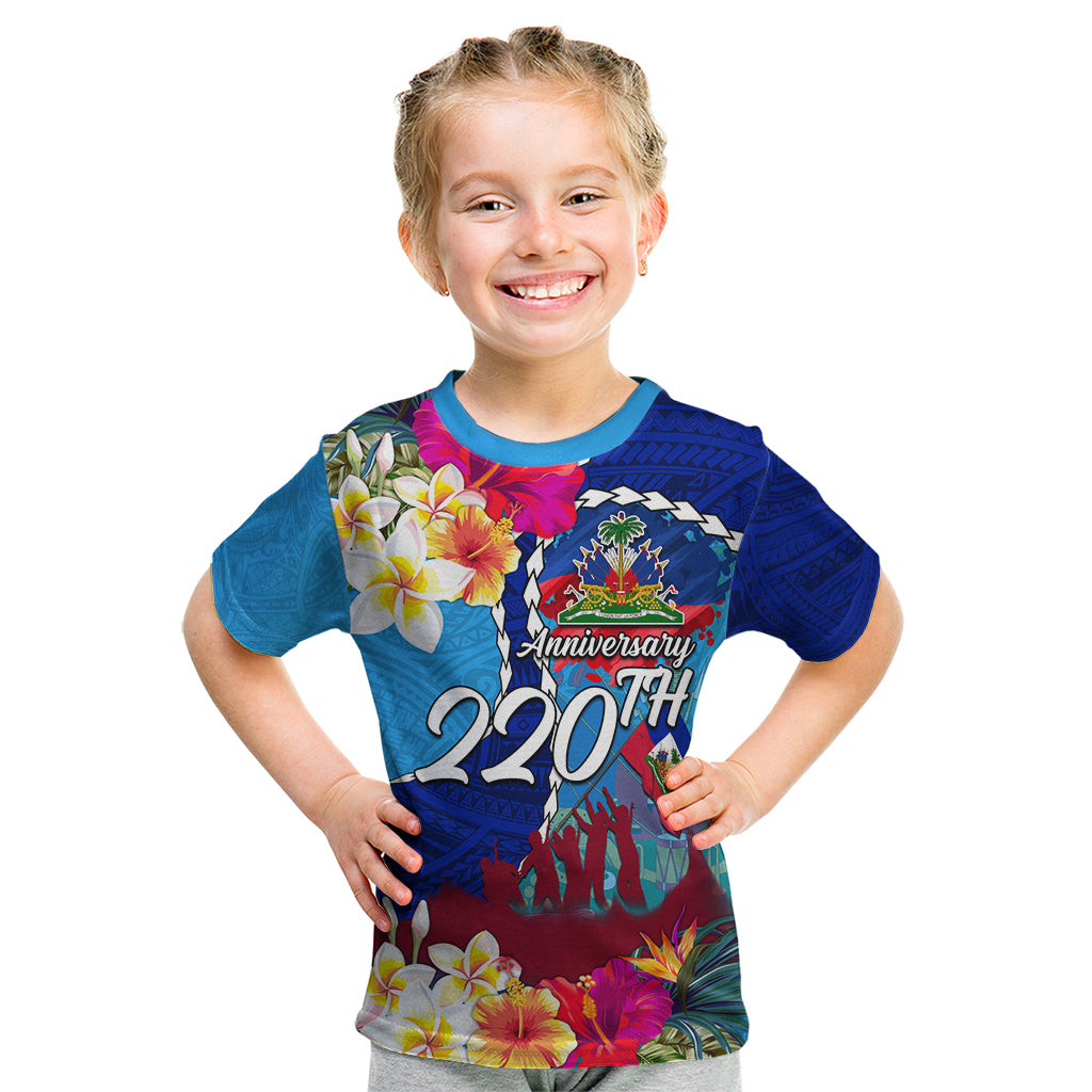 Personalised Haiti 220th Anniversary Independence Day Kid T Shirt Ayiti Flower with Polynesian Pattern LT03 Blue - Polynesian Pride