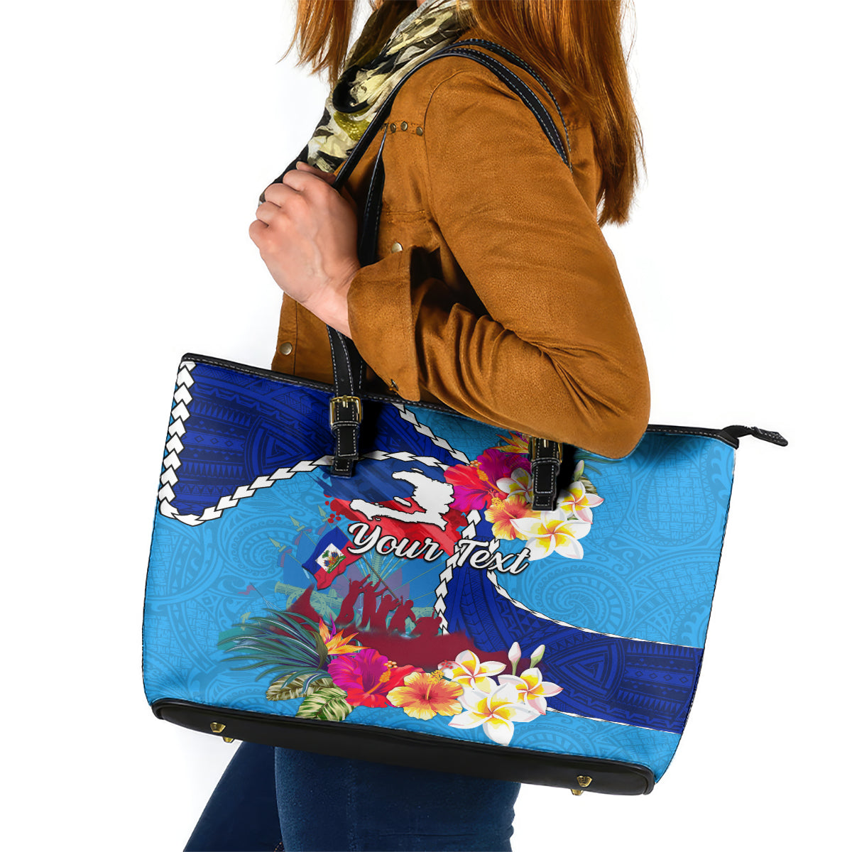 Personalised Haiti 220th Anniversary Independence Day Leather Tote Bag Ayiti Flower with Polynesian Pattern LT03 Blue - Polynesian Pride