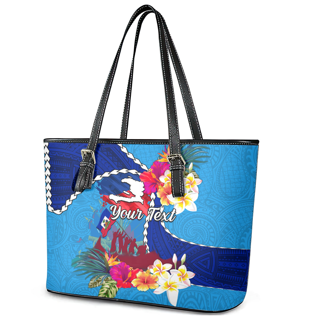 Personalised Haiti 220th Anniversary Independence Day Leather Tote Bag Ayiti Flower with Polynesian Pattern LT03 - Polynesian Pride