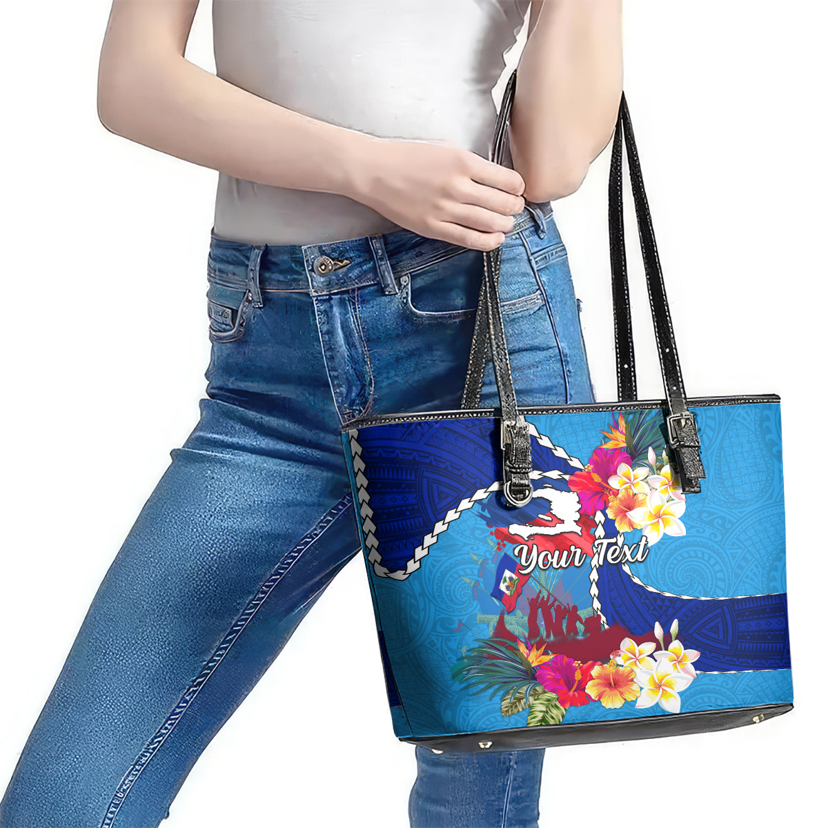 Personalised Haiti 220th Anniversary Independence Day Leather Tote Bag Ayiti Flower with Polynesian Pattern LT03 - Polynesian Pride