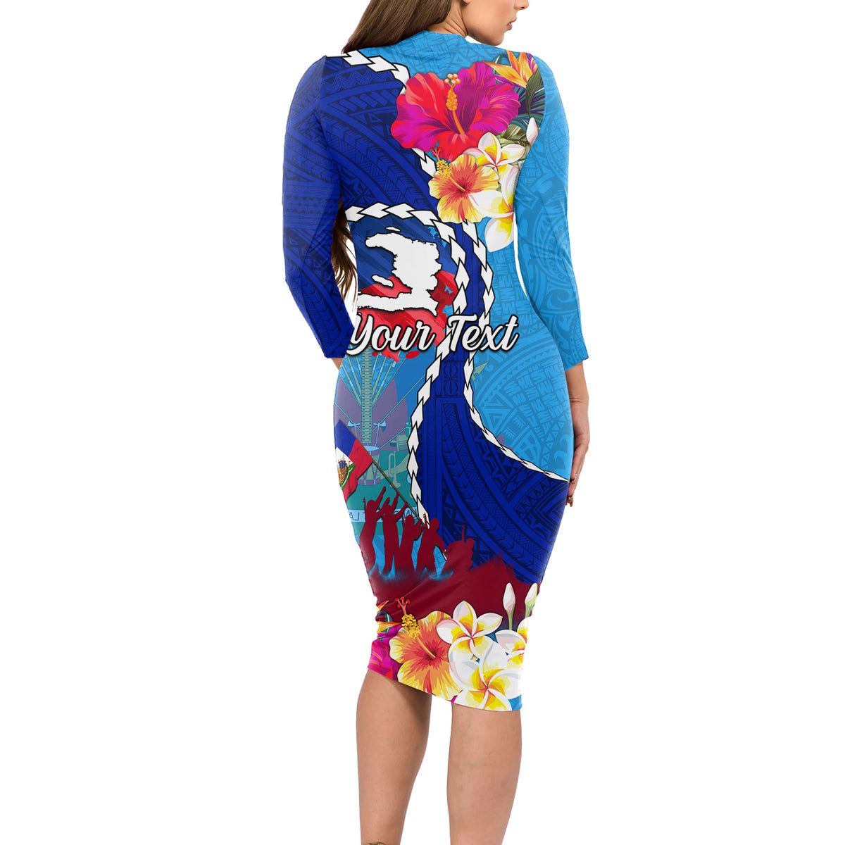 Personalised Haiti 220th Anniversary Independence Day Long Sleeve Bodycon Dress Ayiti Flower with Polynesian Pattern LT03 - Polynesian Pride