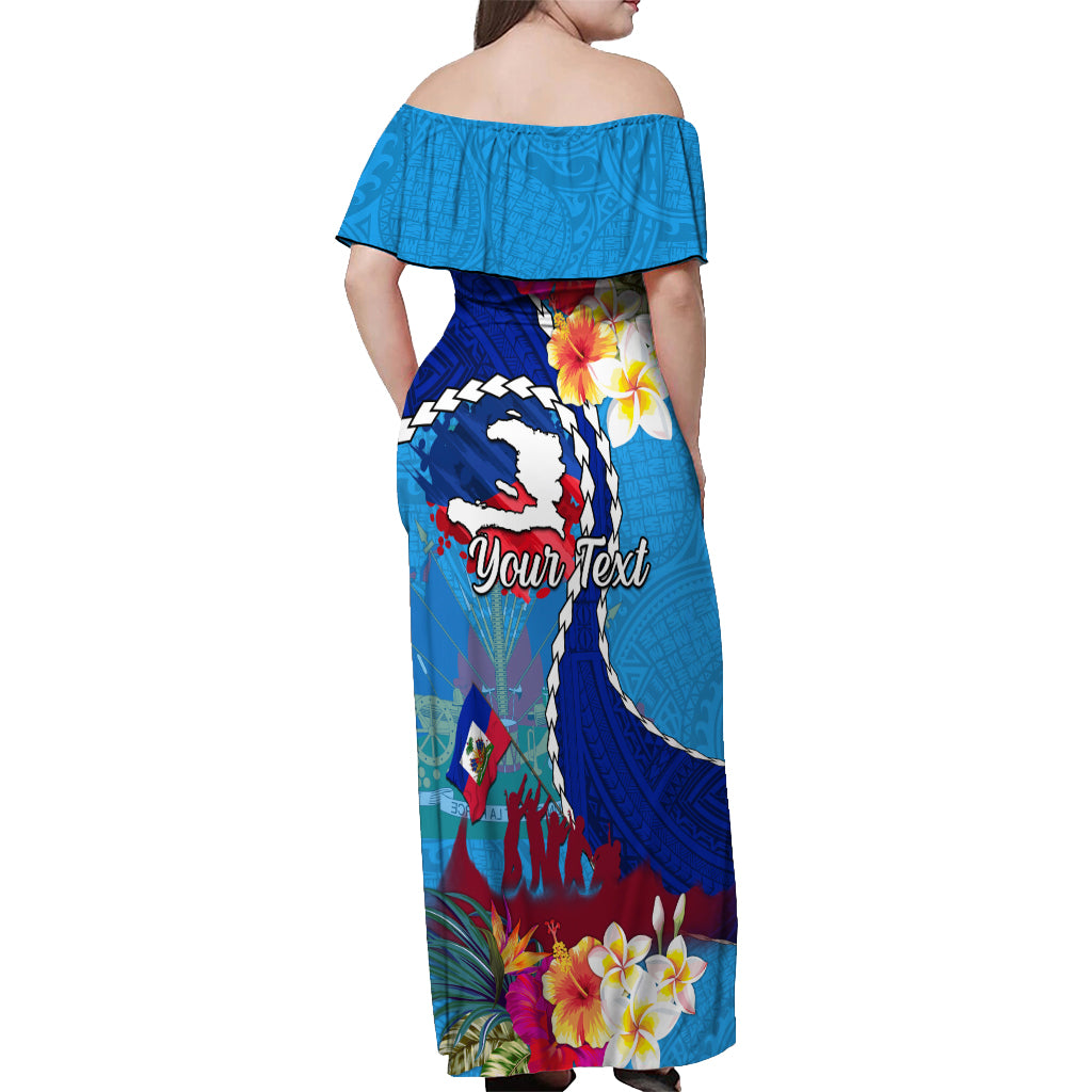 Personalised Haiti 220th Anniversary Independence Day Off Shoulder Maxi Dress Ayiti Flower with Polynesian Pattern LT03 - Polynesian Pride