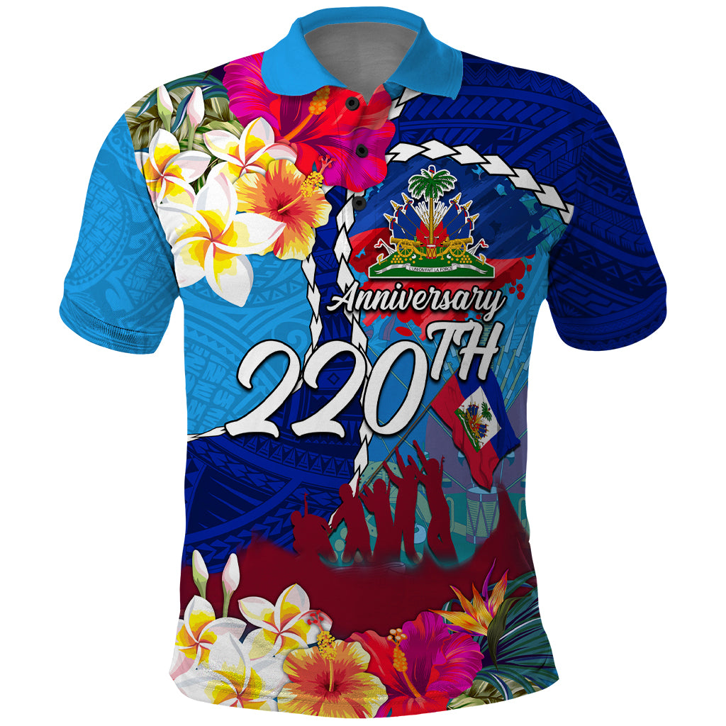 Personalised Haiti 220th Anniversary Independence Day Polo Shirt Ayiti Flower with Polynesian Pattern LT03 Blue - Polynesian Pride