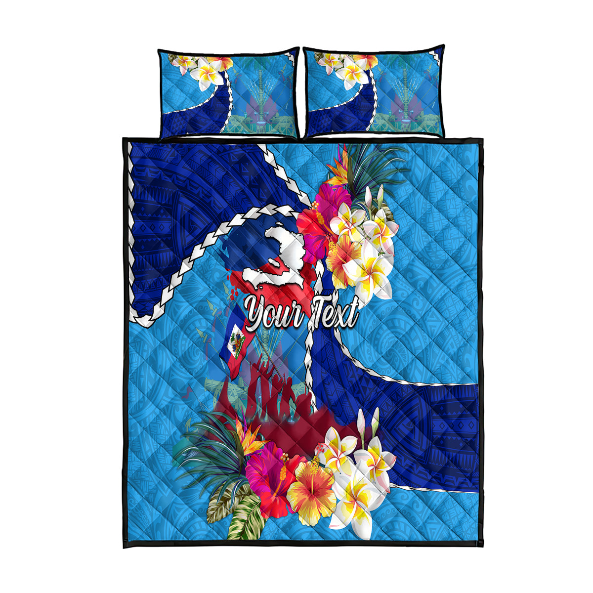 Personalised Haiti 220th Anniversary Independence Day Quilt Bed Set Ayiti Flower with Polynesian Pattern LT03 Blue - Polynesian Pride