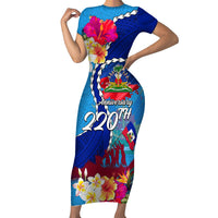Personalised Haiti 220th Anniversary Independence Day Short Sleeve Bodycon Dress Ayiti Flower with Polynesian Pattern LT03 Long Dress Blue - Polynesian Pride