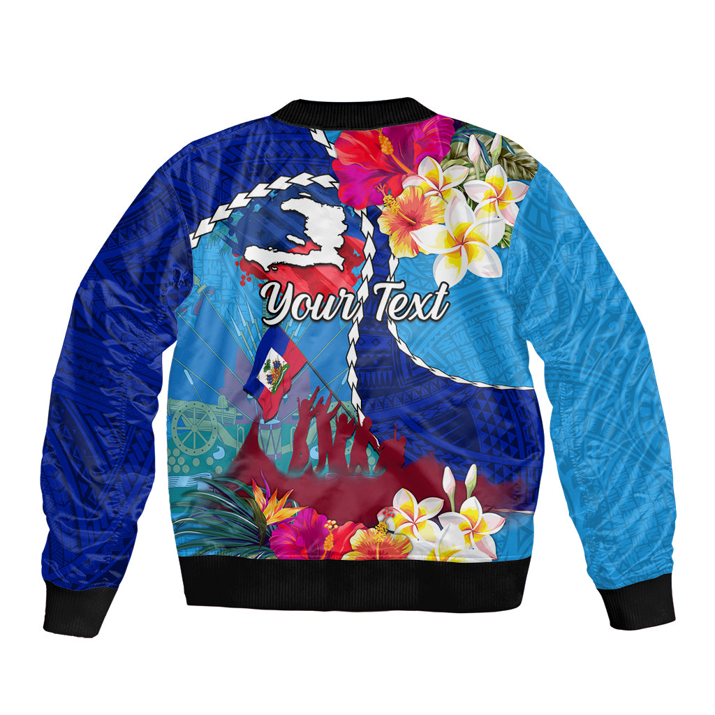 Personalised Haiti 220th Anniversary Independence Day Sleeve Zip Bomber Jacket Ayiti Flower with Polynesian Pattern LT03 - Polynesian Pride