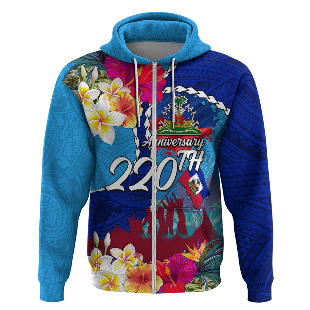 Personalised Haiti 220th Anniversary Independence Day Zip Hoodie Ayiti Flower with Polynesian Pattern LT03 Zip Hoodie Blue - Polynesian Pride