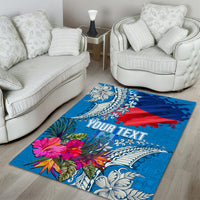 Personalised Haiti Coat Of Arms Area Rug Repiblik d Ayiti Tropical Flower Blue Polynesian Pattern LT03 - Polynesian Pride