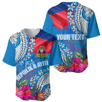 Personalised Haiti Coat Of Arms Baseball Jersey Repiblik d Ayiti Tropical Flower Blue Polynesian Pattern LT03 - Polynesian Pride
