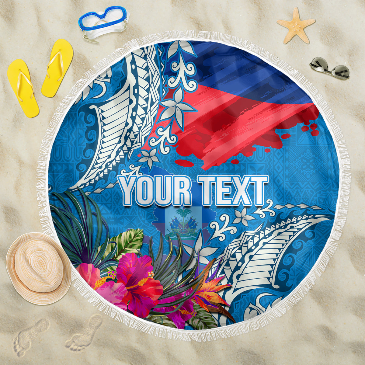 Personalised Haiti Coat Of Arms Beach Blanket Repiblik d Ayiti Tropical Flower Blue Polynesian Pattern LT03 One Size 150cm Blue - Polynesian Pride