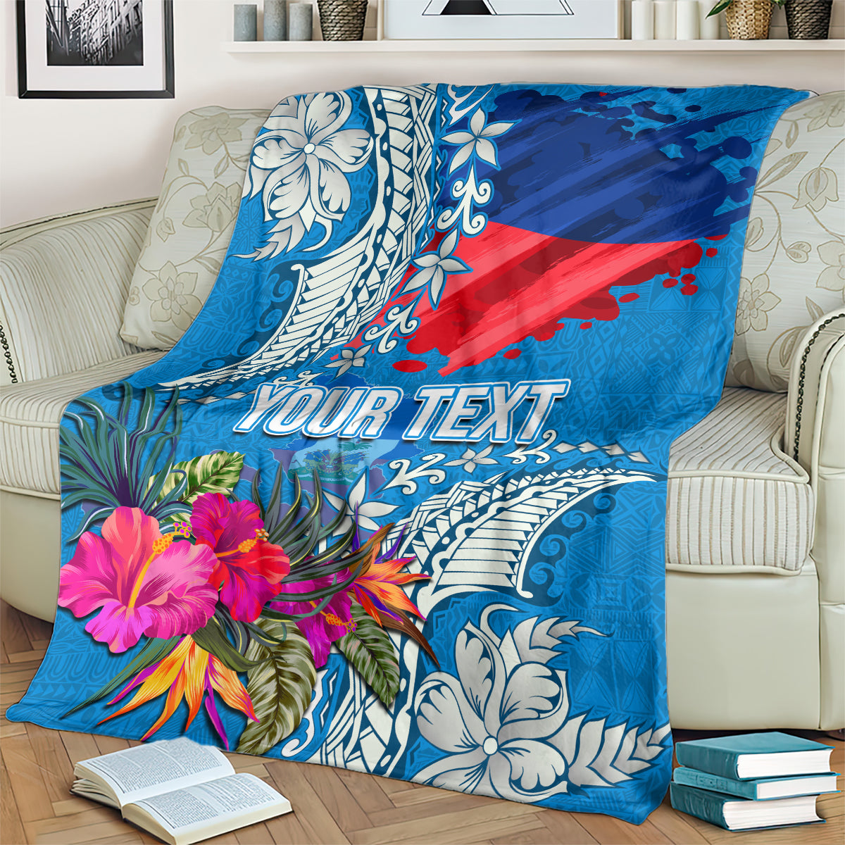 Personalised Haiti Coat Of Arms Blanket Repiblik d Ayiti Tropical Flower Blue Polynesian Pattern LT03 - Polynesian Pride