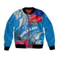 Personalised Haiti Coat Of Arms Bomber Jacket Repiblik d Ayiti Tropical Flower Blue Polynesian Pattern LT03 Unisex Blue - Polynesian Pride