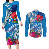 Personalised Haiti Coat Of Arms Couples Matching Long Sleeve Bodycon Dress and Long Sleeve Button Shirt Repiblik d Ayiti Tropical Flower Blue Polynesian Pattern LT03 Blue - Polynesian Pride