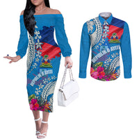 Personalised Haiti Coat Of Arms Couples Matching Off The Shoulder Long Sleeve Dress and Long Sleeve Button Shirt Repiblik d Ayiti Tropical Flower Blue Polynesian Pattern LT03 Blue - Polynesian Pride