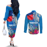 Personalised Haiti Coat Of Arms Couples Matching Off The Shoulder Long Sleeve Dress and Long Sleeve Button Shirt Repiblik d Ayiti Tropical Flower Blue Polynesian Pattern LT03 - Polynesian Pride
