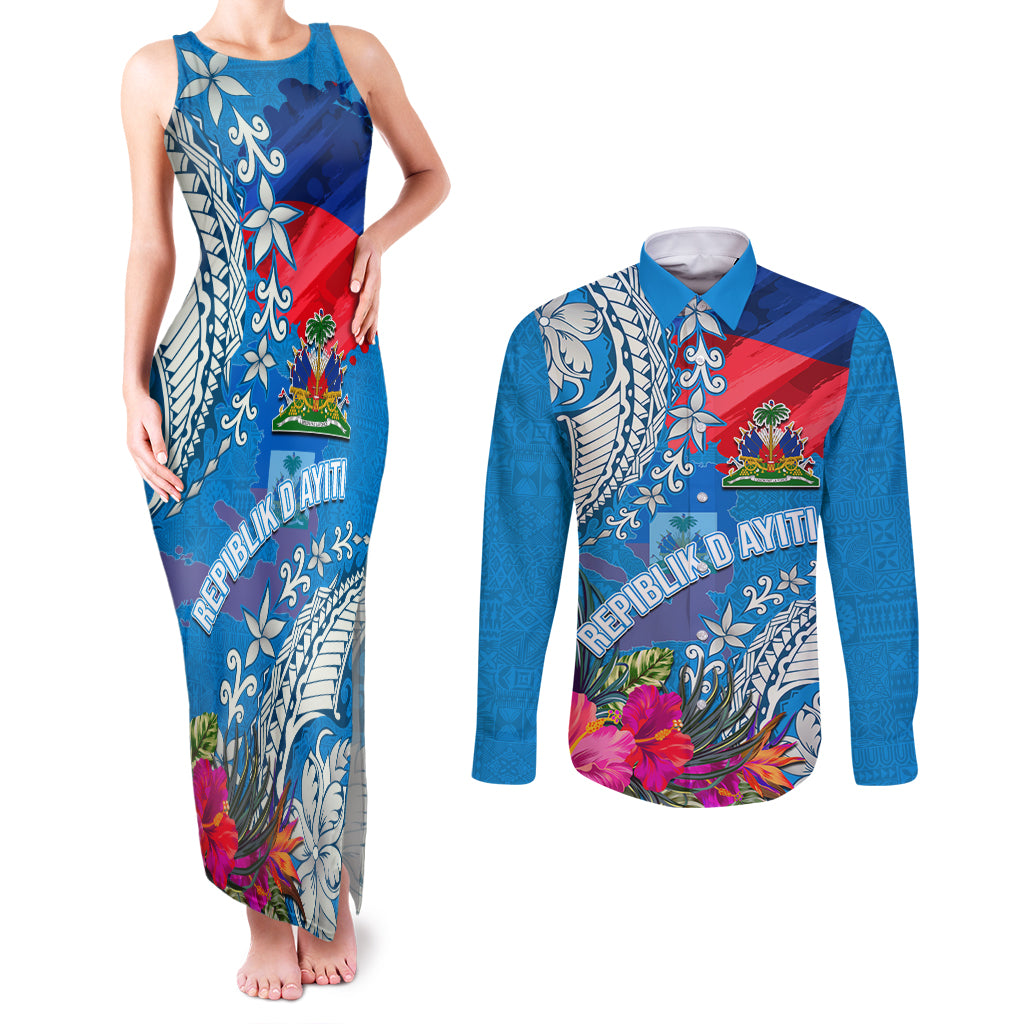 Personalised Haiti Coat Of Arms Couples Matching Tank Maxi Dress and Long Sleeve Button Shirt Repiblik d Ayiti Tropical Flower Blue Polynesian Pattern LT03 Blue - Polynesian Pride