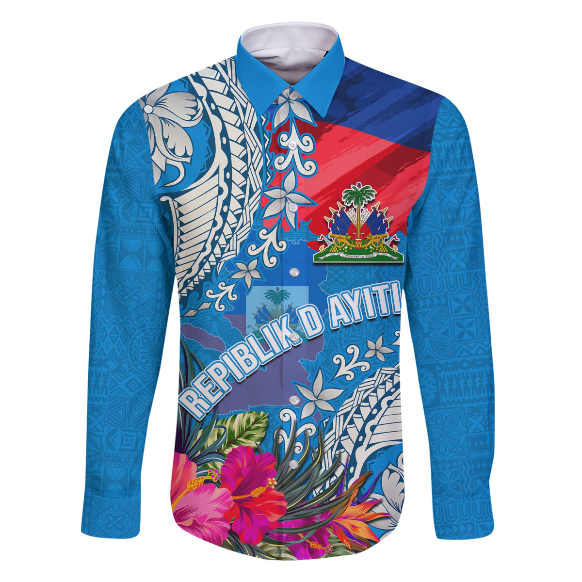 Personalised Haiti Coat Of Arms Family Matching Long Sleeve Bodycon Dress and Hawaiian Shirt Repiblik d Ayiti Tropical Flower Blue Polynesian Pattern LT03 Dad's Shirt - Long Sleeve Blue - Polynesian Pride