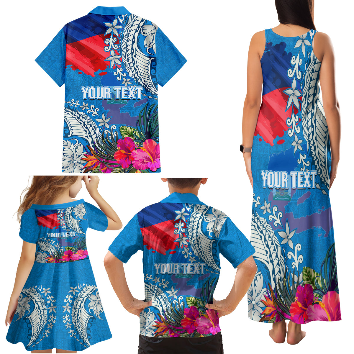 Personalised Haiti Coat Of Arms Family Matching Tank Maxi Dress and Hawaiian Shirt Repiblik d Ayiti Tropical Flower Blue Polynesian Pattern LT03 - Polynesian Pride