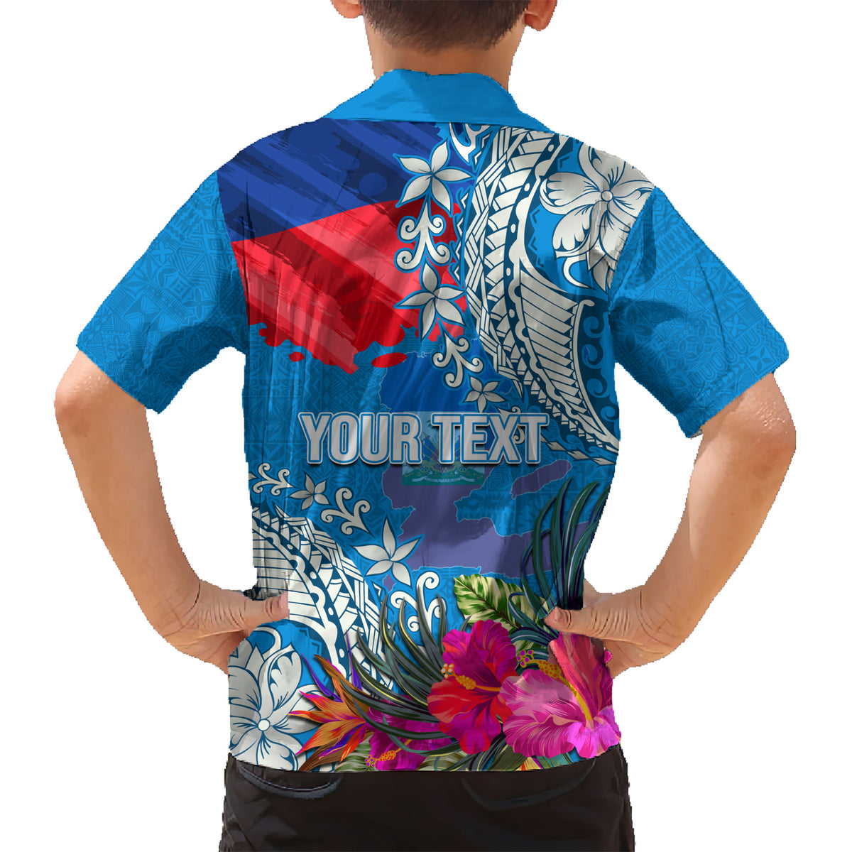 Personalised Haiti Coat Of Arms Kid Hawaiian Shirt Repiblik d Ayiti Tropical Flower Blue Polynesian Pattern LT03 - Polynesian Pride