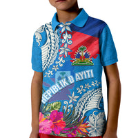 Personalised Haiti Coat Of Arms Kid Polo Shirt Repiblik d Ayiti Tropical Flower Blue Polynesian Pattern LT03 Kid Blue - Polynesian Pride
