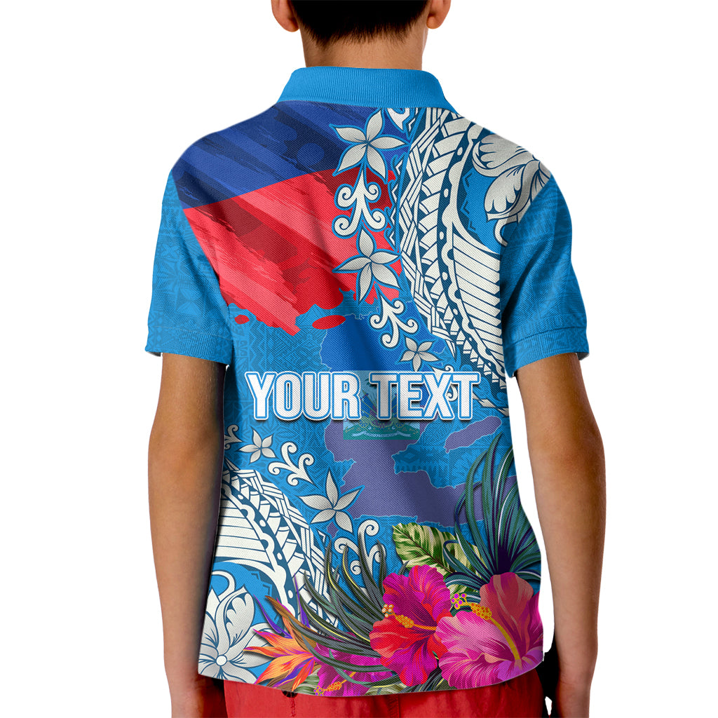 Personalised Haiti Coat Of Arms Kid Polo Shirt Repiblik d Ayiti Tropical Flower Blue Polynesian Pattern LT03 - Polynesian Pride