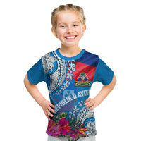 Personalised Haiti Coat Of Arms Kid T Shirt Repiblik d Ayiti Tropical Flower Blue Polynesian Pattern LT03 Blue - Polynesian Pride