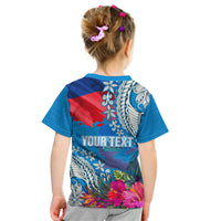 Personalised Haiti Coat Of Arms Kid T Shirt Repiblik d Ayiti Tropical Flower Blue Polynesian Pattern LT03 - Polynesian Pride