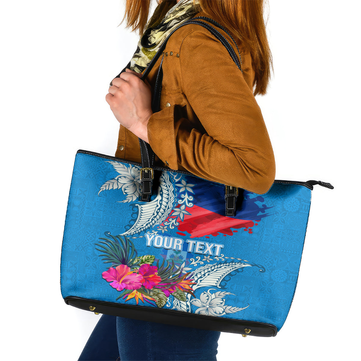 Personalised Haiti Coat Of Arms Leather Tote Bag Repiblik d Ayiti Tropical Flower Blue Polynesian Pattern LT03 Blue - Polynesian Pride