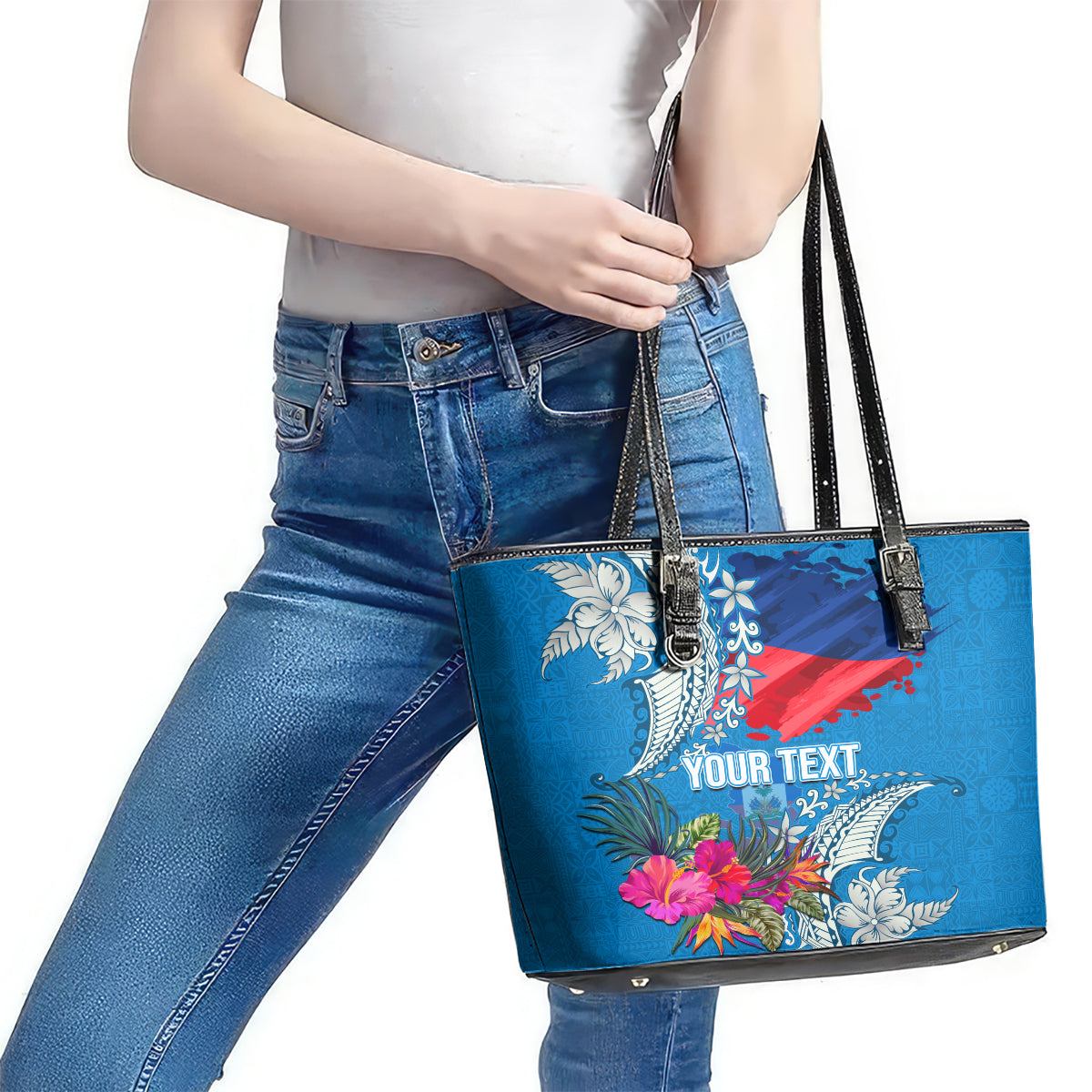 Personalised Haiti Coat Of Arms Leather Tote Bag Repiblik d Ayiti Tropical Flower Blue Polynesian Pattern LT03 - Polynesian Pride
