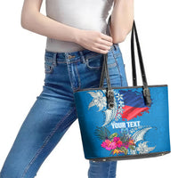 Personalised Haiti Coat Of Arms Leather Tote Bag Repiblik d Ayiti Tropical Flower Blue Polynesian Pattern LT03 - Polynesian Pride
