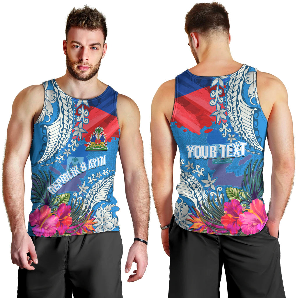 Personalised Haiti Coat Of Arms Men Tank Top Repiblik d Ayiti Tropical Flower Blue Polynesian Pattern LT03 - Polynesian Pride