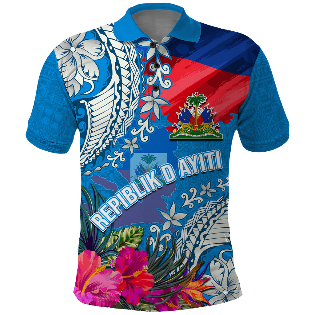 Personalised Haiti Coat Of Arms Polo Shirt Repiblik d Ayiti Tropical Flower Blue Polynesian Pattern LT03 Blue - Polynesian Pride