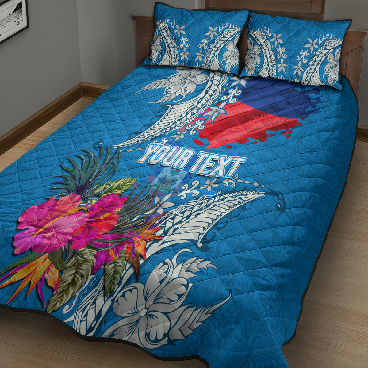 Personalised Haiti Coat Of Arms Quilt Bed Set Repiblik d Ayiti Tropical Flower Blue Polynesian Pattern LT03 - Polynesian Pride