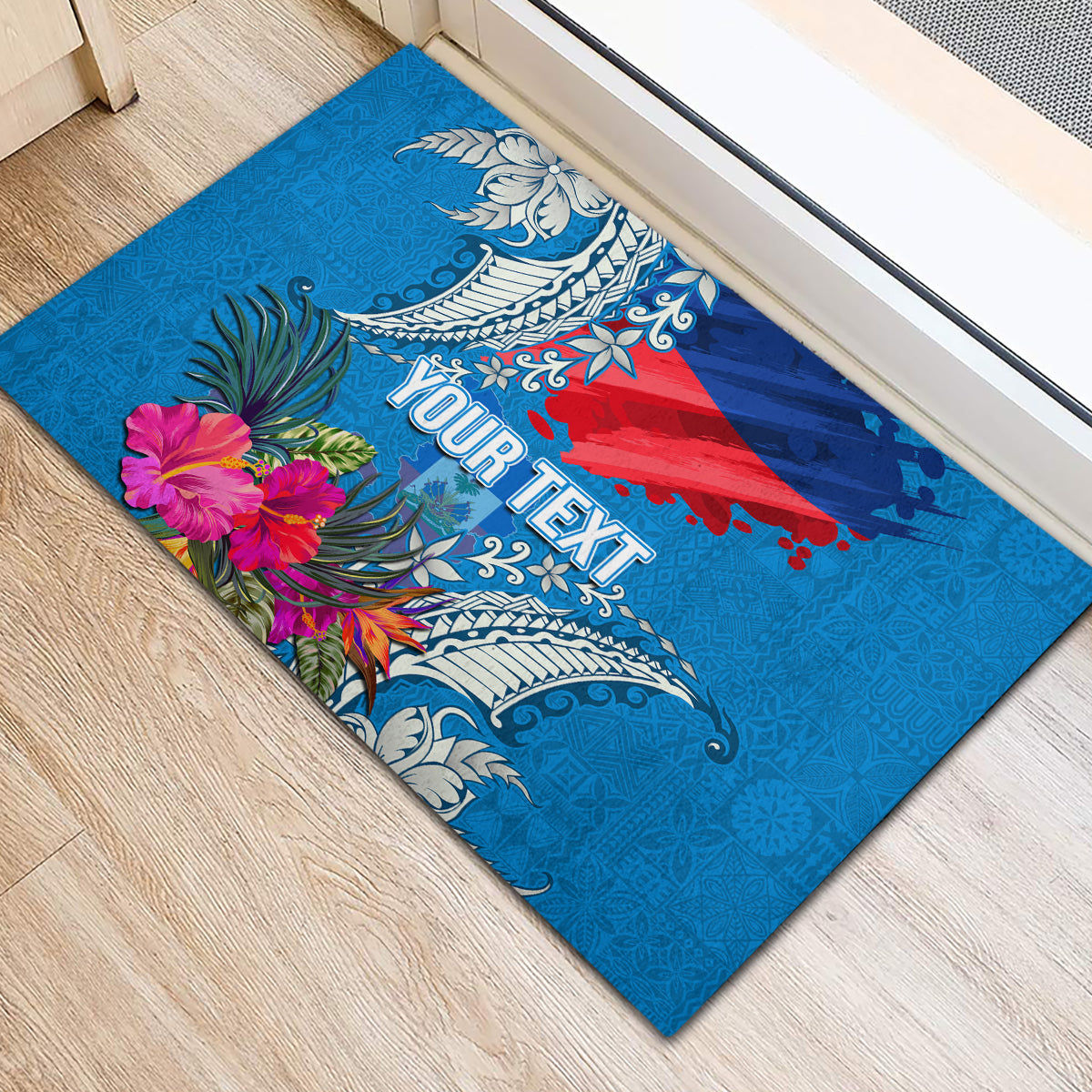 Personalised Haiti Coat Of Arms Rubber Doormat Repiblik d Ayiti Tropical Flower Blue Polynesian Pattern LT03 - Polynesian Pride