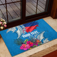 Personalised Haiti Coat Of Arms Rubber Doormat Repiblik d Ayiti Tropical Flower Blue Polynesian Pattern LT03 - Polynesian Pride