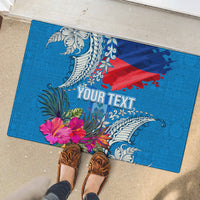 Personalised Haiti Coat Of Arms Rubber Doormat Repiblik d Ayiti Tropical Flower Blue Polynesian Pattern LT03 - Polynesian Pride