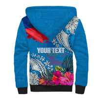 Personalised Haiti Coat Of Arms Sherpa Hoodie Repiblik d Ayiti Tropical Flower Blue Polynesian Pattern LT03 - Polynesian Pride