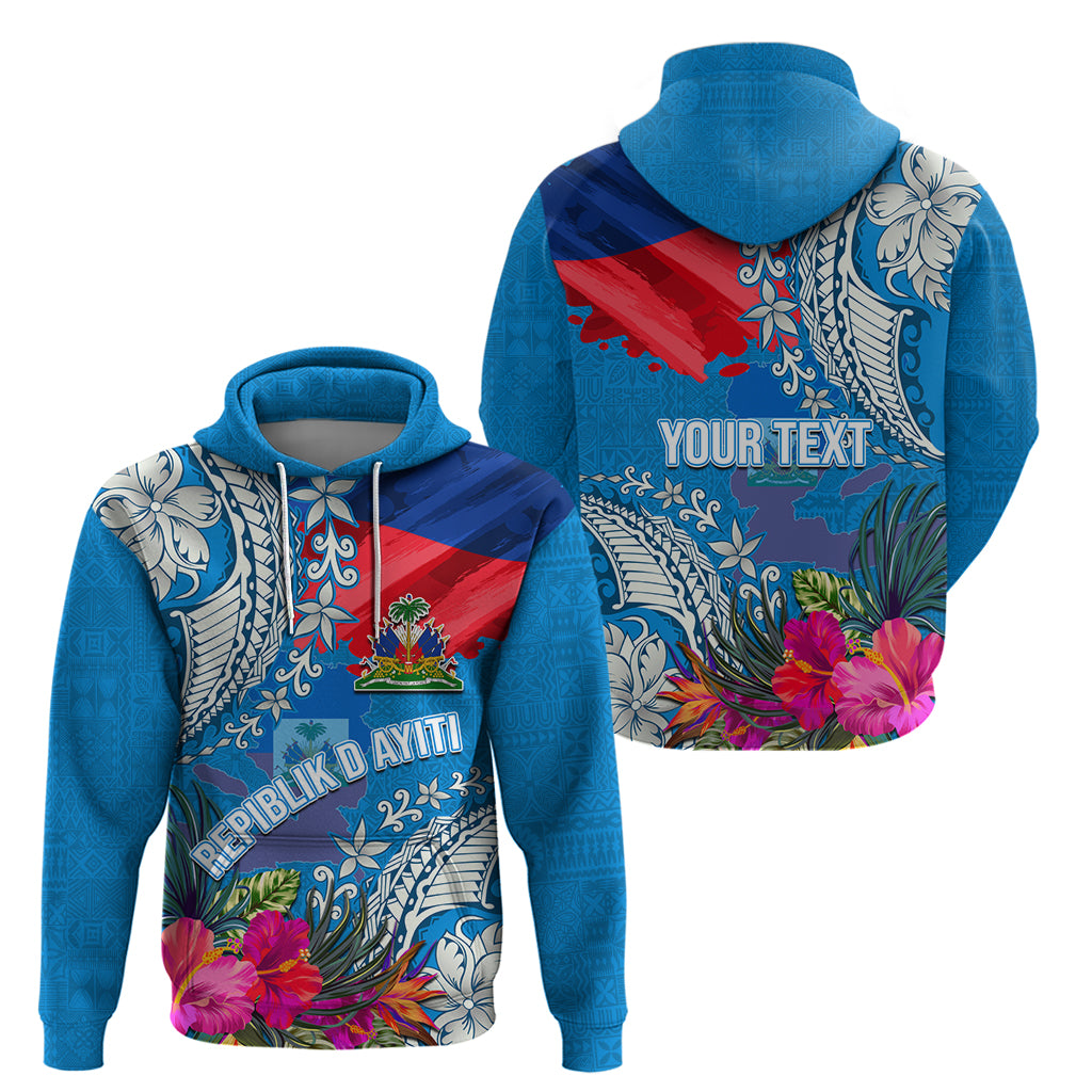 Personalised Haiti Coat Of Arms Zip Hoodie Repiblik d Ayiti Tropical Flower Blue Polynesian Pattern LT03 - Polynesian Pride