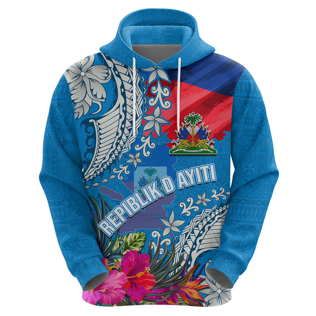 Personalised Haiti Coat Of Arms Zip Hoodie Repiblik d Ayiti Tropical Flower Blue Polynesian Pattern LT03 - Polynesian Pride