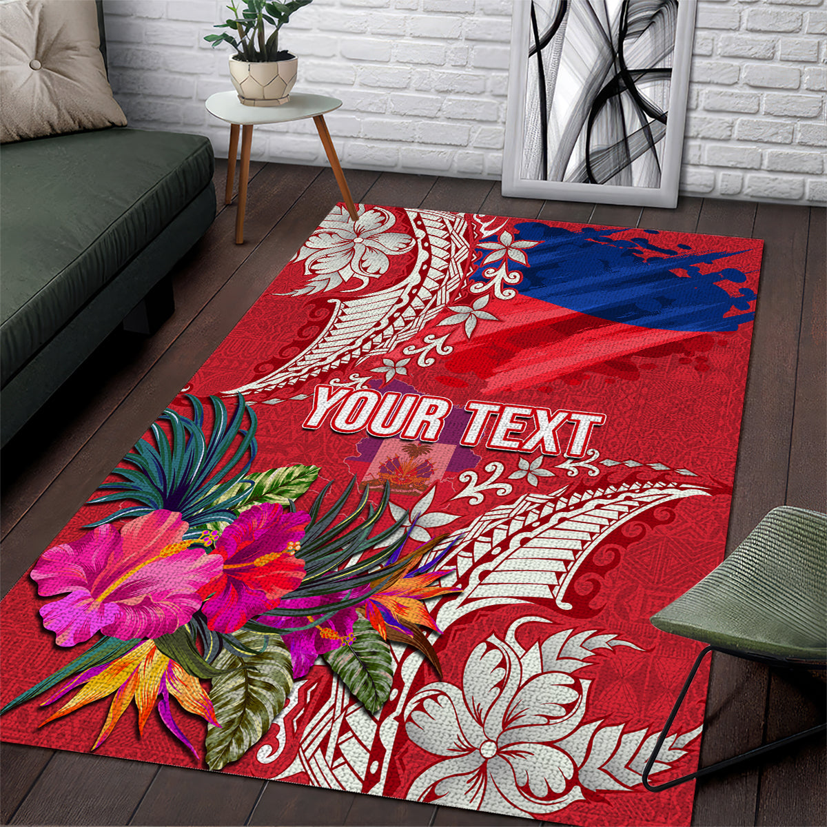 Personalised Haiti Coat Of Arms Area Rug Repiblik d Ayiti Tropical Flower Red Polynesian Pattern LT03 Red - Polynesian Pride