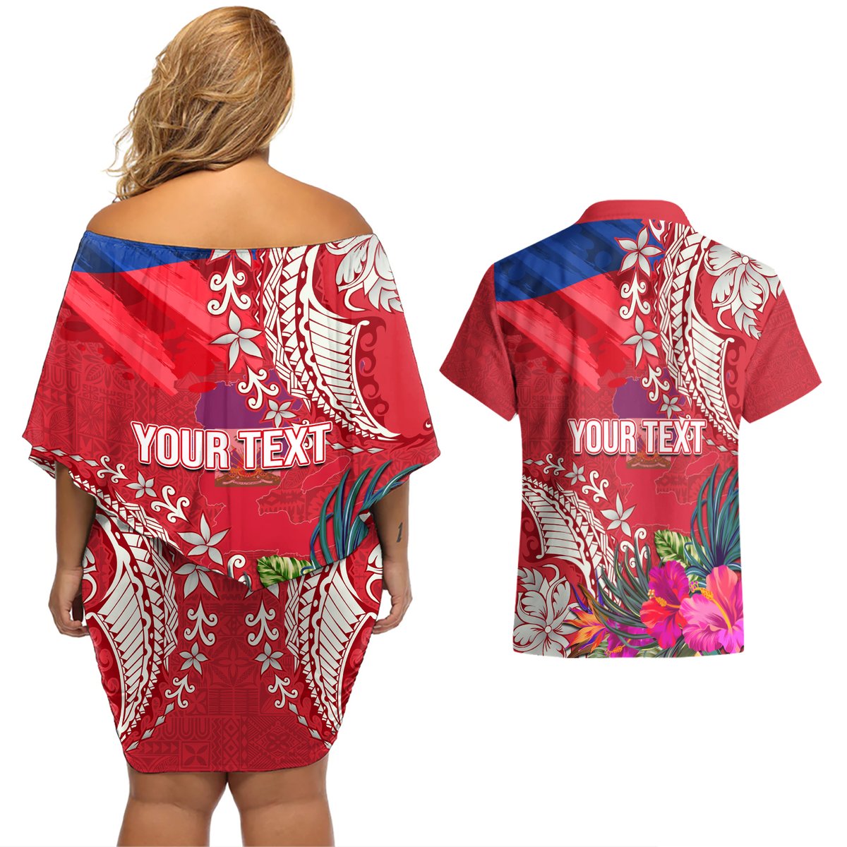 Personalised Haiti Coat Of Arms Couples Matching Off Shoulder Short Dress and Hawaiian Shirt Repiblik d Ayiti Tropical Flower Red Polynesian Pattern LT03 - Polynesian Pride
