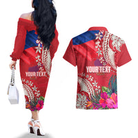 Personalised Haiti Coat Of Arms Couples Matching Off The Shoulder Long Sleeve Dress and Hawaiian Shirt Repiblik d Ayiti Tropical Flower Red Polynesian Pattern LT03 - Polynesian Pride