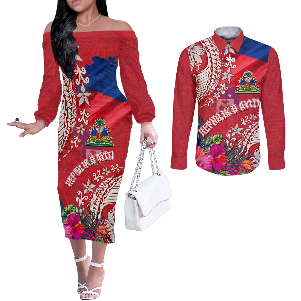 Personalised Haiti Coat Of Arms Couples Matching Off The Shoulder Long Sleeve Dress and Long Sleeve Button Shirt Repiblik d Ayiti Tropical Flower Red Polynesian Pattern LT03 Red - Polynesian Pride