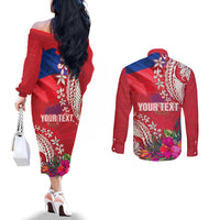 Personalised Haiti Coat Of Arms Couples Matching Off The Shoulder Long Sleeve Dress and Long Sleeve Button Shirt Repiblik d Ayiti Tropical Flower Red Polynesian Pattern LT03 - Polynesian Pride