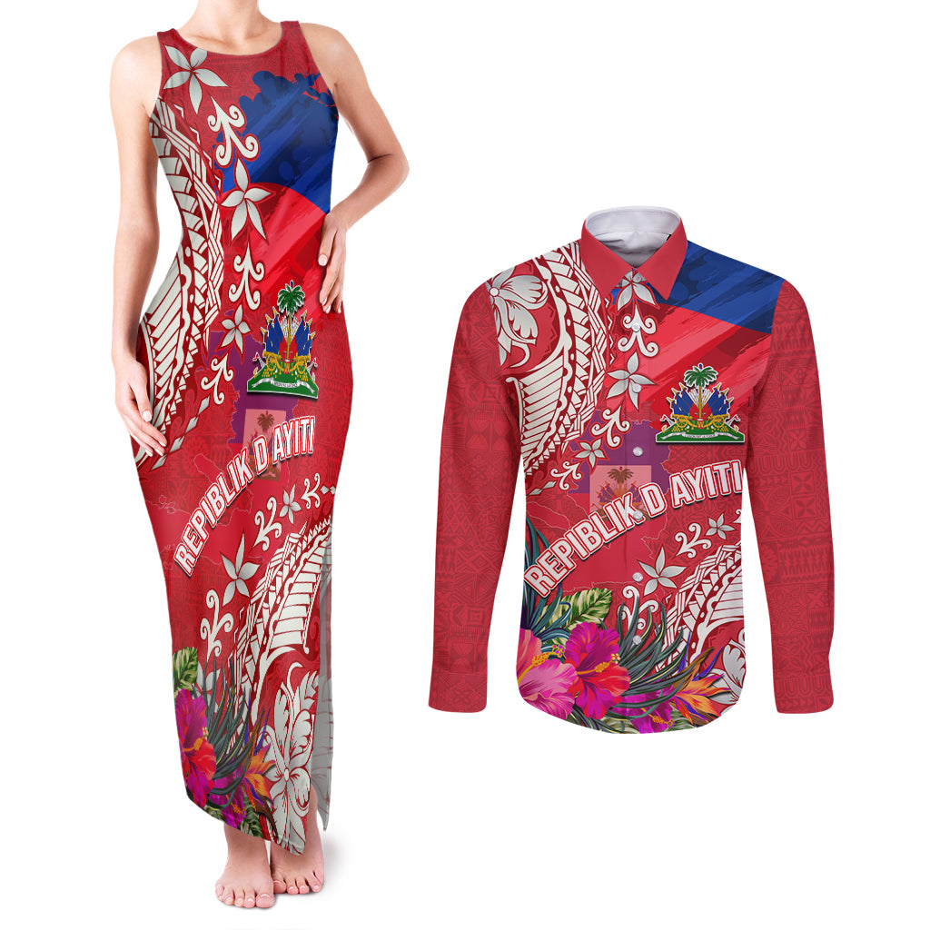 Personalised Haiti Coat Of Arms Couples Matching Tank Maxi Dress and Long Sleeve Button Shirt Repiblik d Ayiti Tropical Flower Red Polynesian Pattern LT03 Red - Polynesian Pride
