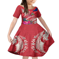 Personalised Haiti Coat Of Arms Family Matching Long Sleeve Bodycon Dress and Hawaiian Shirt Repiblik d Ayiti Tropical Flower Red Polynesian Pattern LT03 Daughter's Dress Red - Polynesian Pride